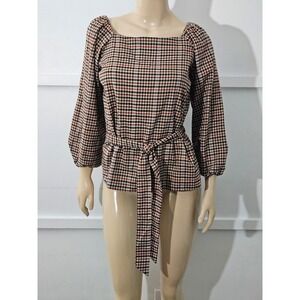 Ann Taylor Plaid Square Neck Tie Waist Puff Sleeve Pleated Blouse Size M